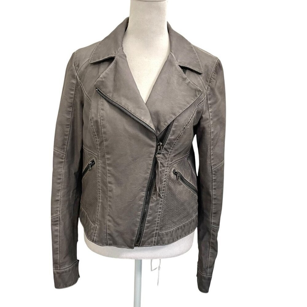 Anthropologie Vegan Leather Moto Jacket Zipper Pockets Gray size Small